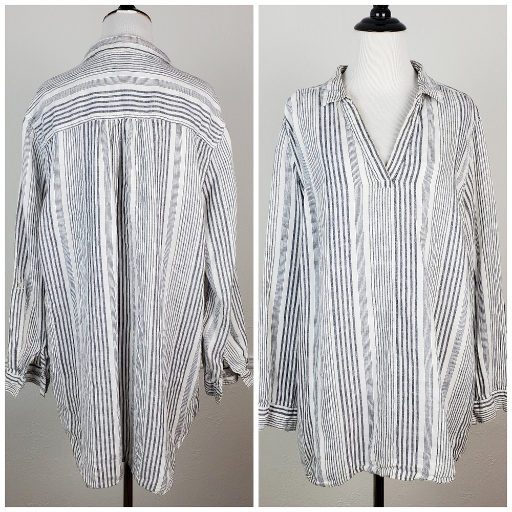 C&C California Top Linen V Neck Striped Shirt Blouse Boho Summer Neutral Coastal